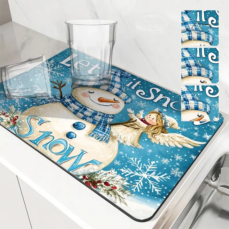 VIKAMA Christmas Drying Mat Blue Snowman Angel Let It Snow Berry Print Soft For Kitchen Counter Sink Area Dining Room Decor