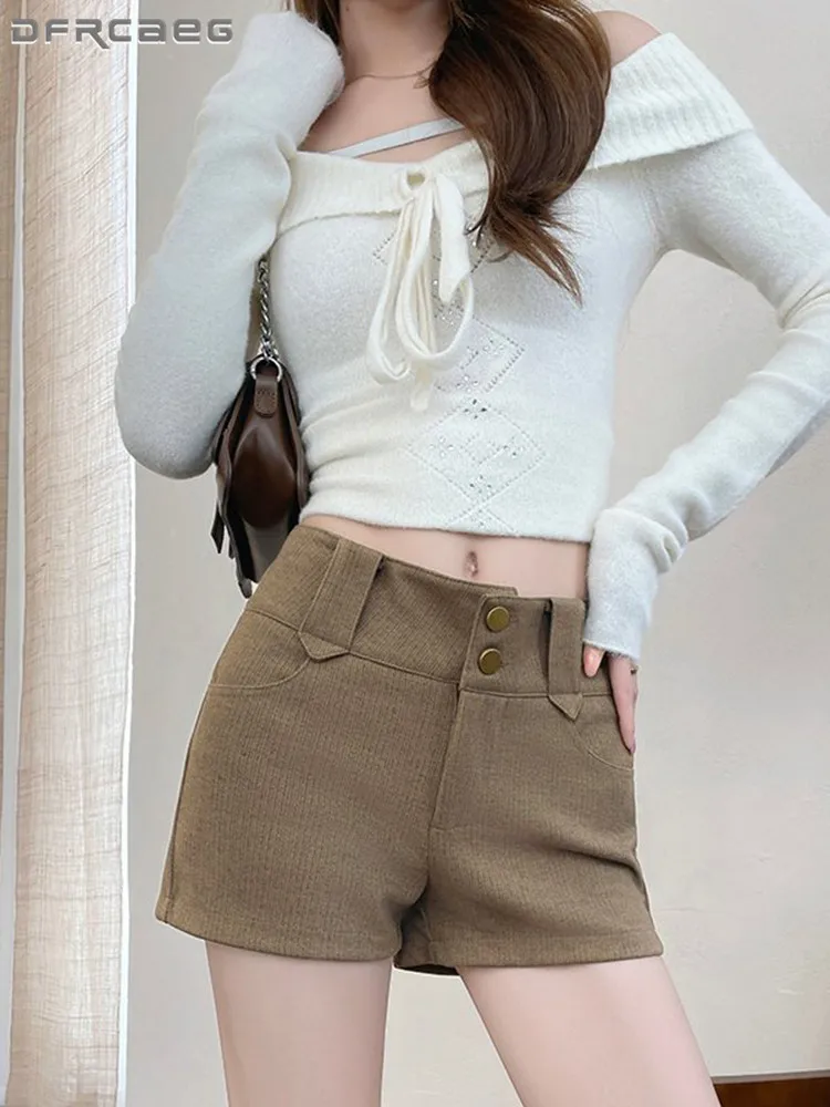 High Waisted Slim Fit Thickened Hot Shorts Women Fall Winter Casual Vintage Bodycon Double-Button Booty Shorts