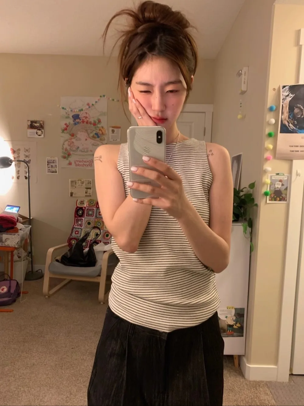 

Корейский простой полосатый повседневный универсальный жилет без рукавов с круглым вырезом, летняя пряная облегающая верхняя одежда для девочек, топ на бретелях, женский топ Y2k