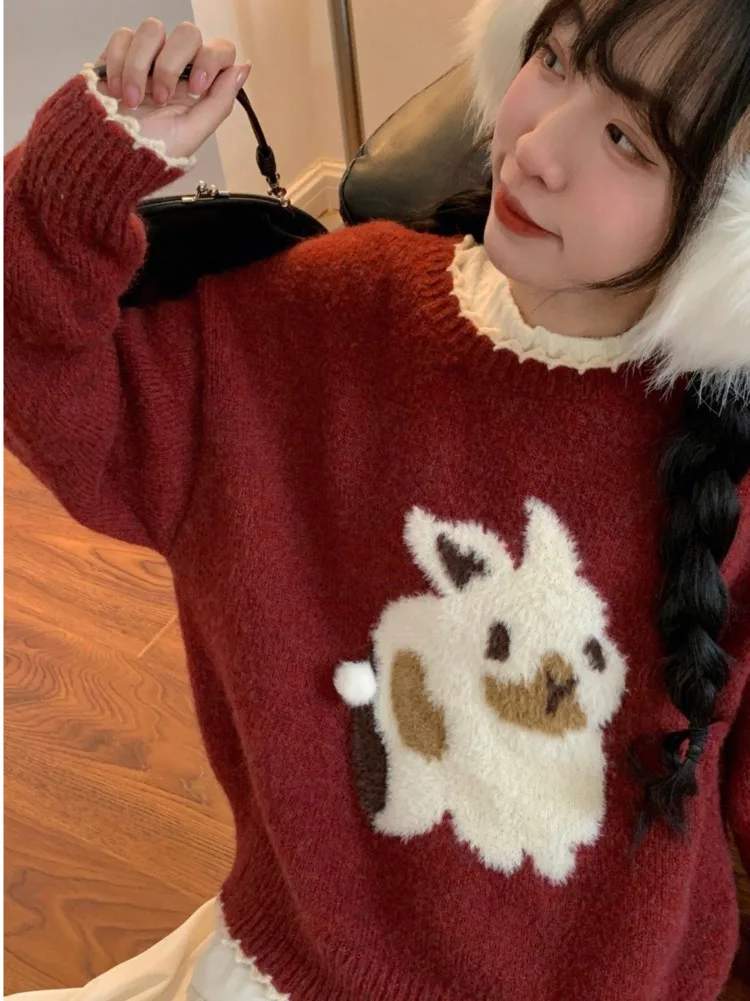 Wine Red Christmas Rabbit Sweater Female Pullover Kintwear Autumn Winter Cute Knitted Gentle Tie Top New Year Chic Clothes