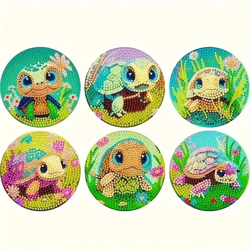 6/Set DIY turtle-patterned diamond painted coasters anti-slip wood drip Mats Crystal Rhinestone Diamond Art Adult Coasters