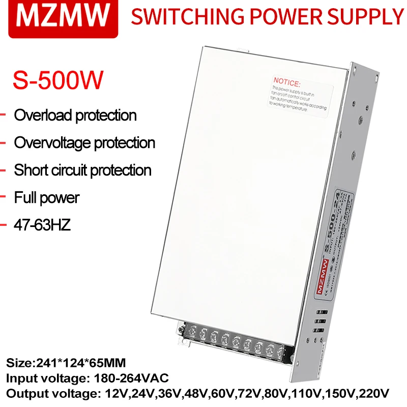 MZMW S-500 Switching Power Supply 500W 5V 12V 24V 36V 48v 60V 72V 80V 110V 150v 220v AC/DC Led Driver Transformer Converter SMPS