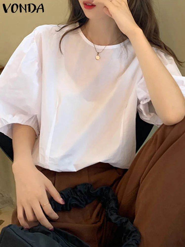 VONDA Women Fashion Blouse 2024 Casual Loose Solid Color Shirts Elegant Office Shirts Summer Puff Sleeve Blusas Oversized