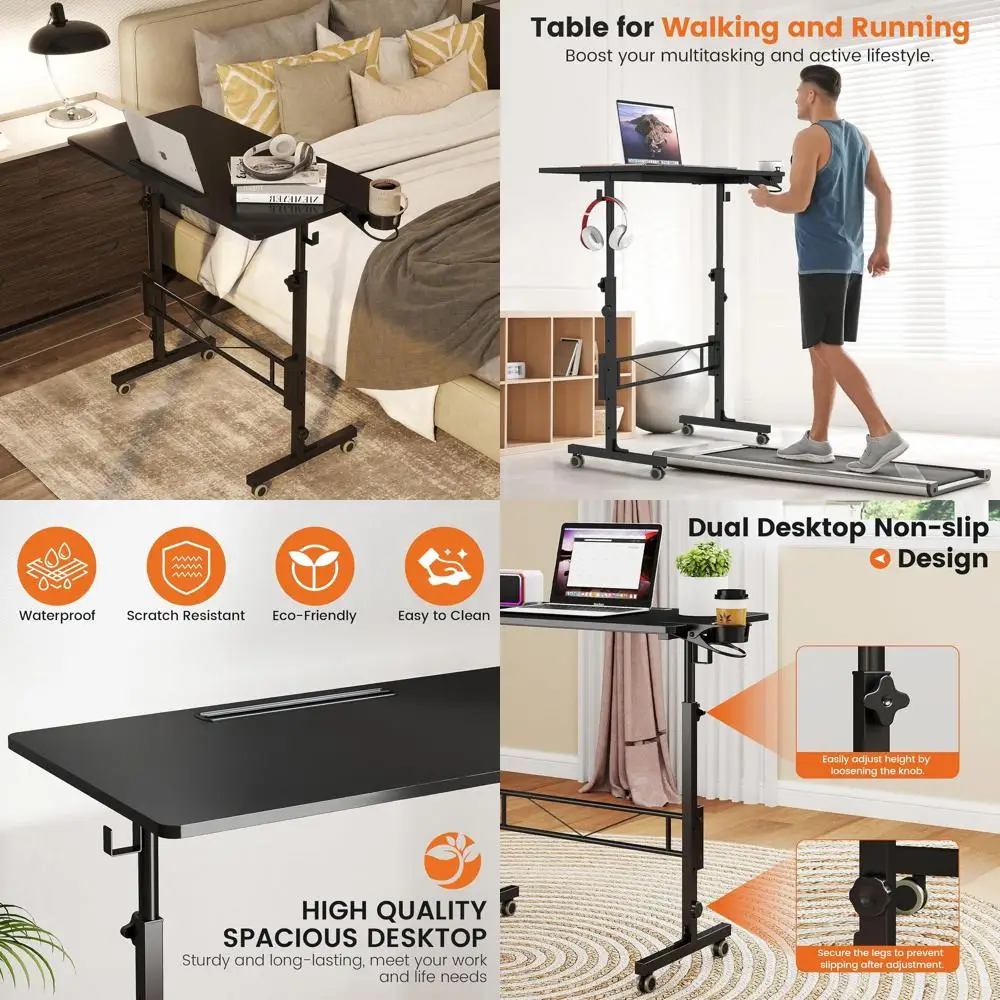 

Portable Adjustable Height Desk Stand, Mobile Rolling Laptop Table, Stand-Up Desk with Wheels for Office Use, Black
