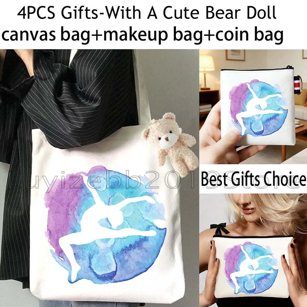 4PCS Gift Ballerina Gymnastics Ballet Girl Watercolor Canvas Tote Bag Handbag,Cosmetic Makeup Bag,Coin Purse Wallet Zipper Pouch