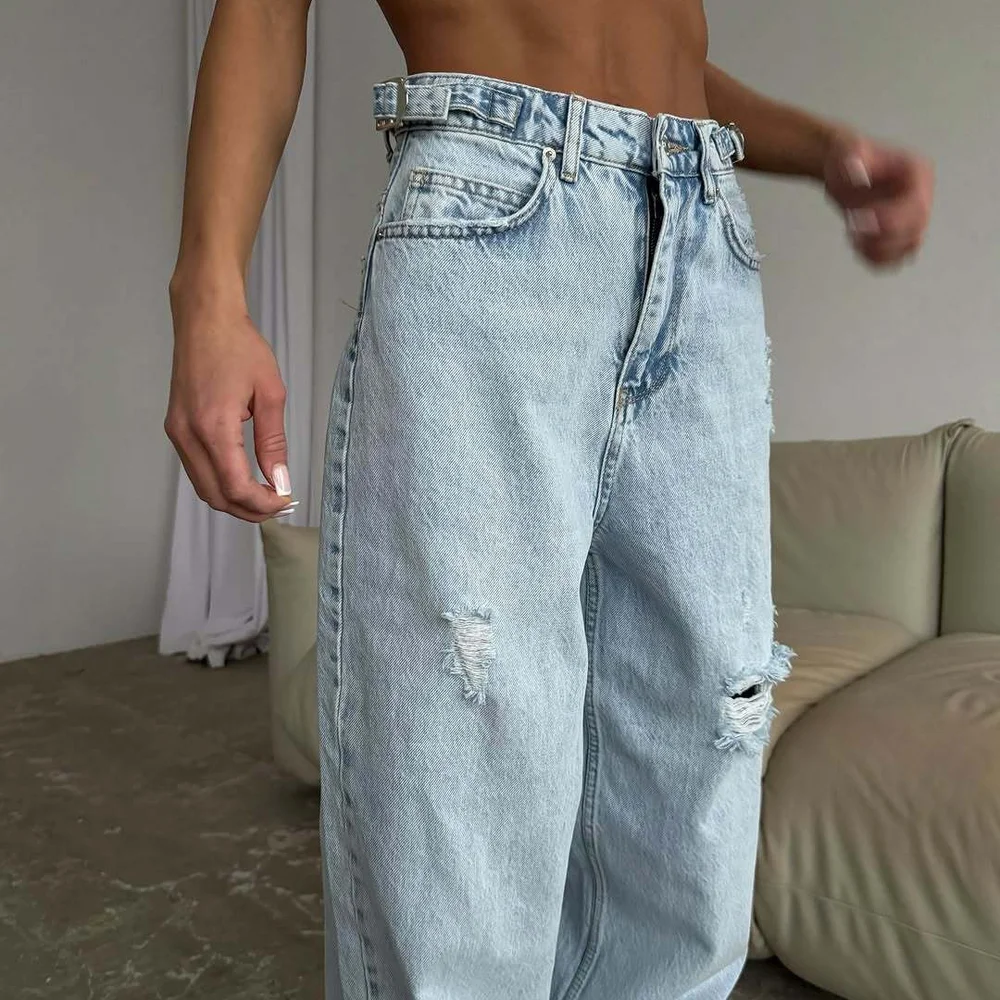 Jeans mit hoher Taille und weitem Bein für Damen, Frühlingsfaion, zerrissenes Loch-Design, lässige Taillen-Denim-Hose, lockere Passform für alle Jahreszeiten