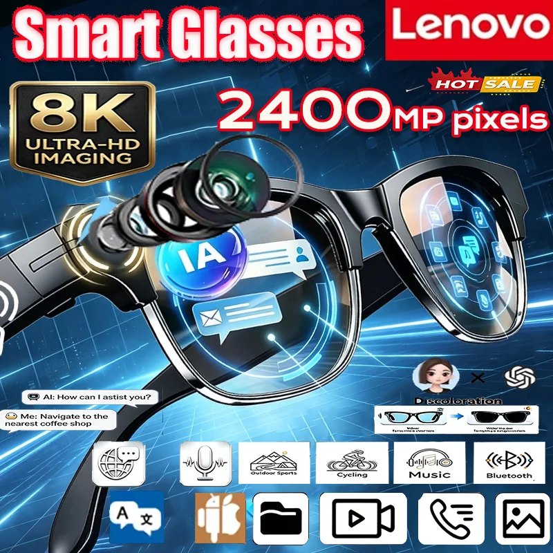 Lenovo 8K 2400MP AI Smart Glasses NEW Eyewear Bluetooth Conversation Translation Recording Listening To Music Smart Sunglasses