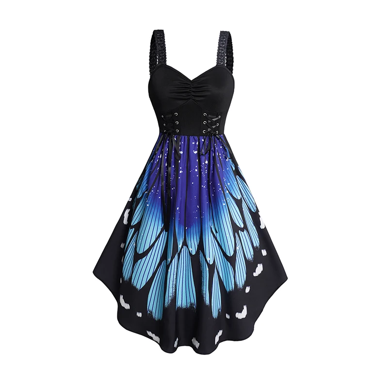 

Summer Dresses for Women 2024 Butterfly Wings Print V Neck Lace Up Dress Ruched Bust Sleeveless Tank Dress