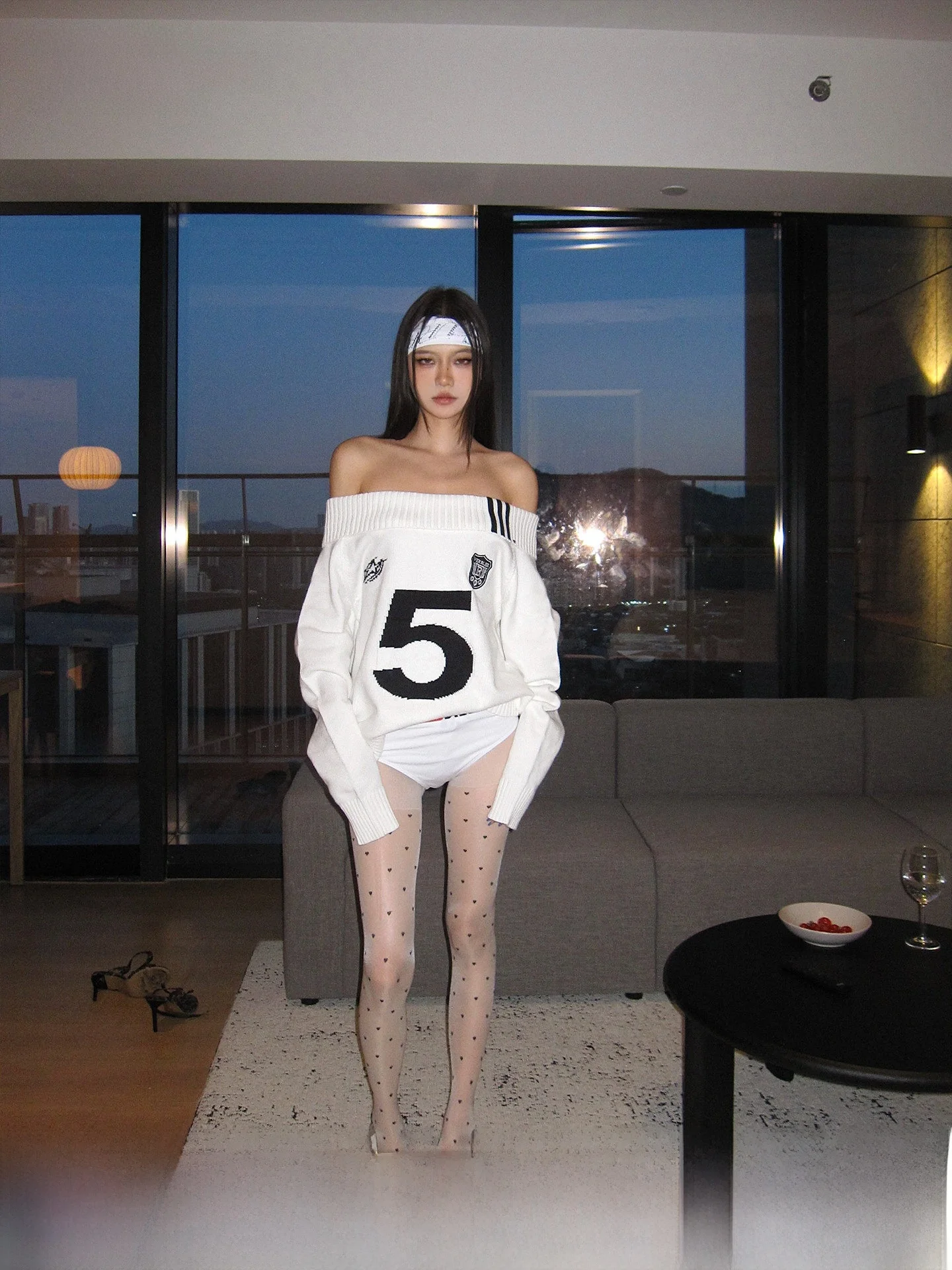 

CCUP SPACE American Sle Loose Women's Knitted Sweater oulder Bared Lazy Sle White Letter Print Top Warm Winter Clothes