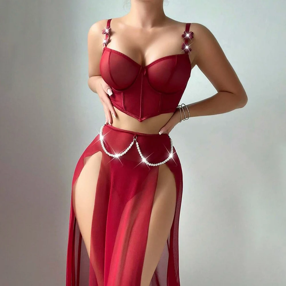 1set Womens Sexy Lingerie V Neck Spaghetti Strap Pajamas Dress Mesh Long Skirt Bustier Corset Top Pearl Chain Sexy Slit Dress