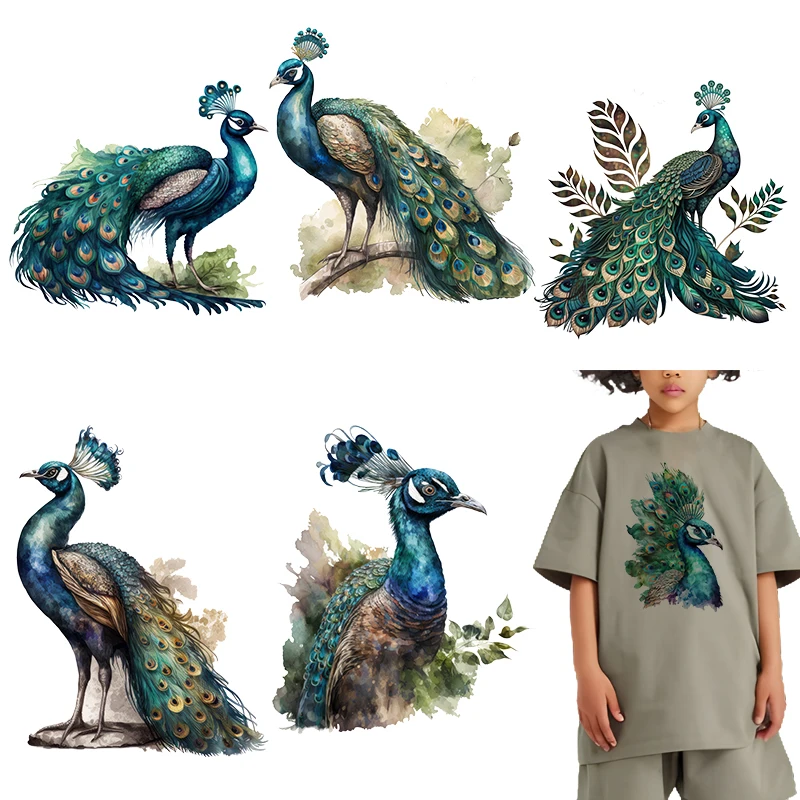 

4pcs Watercolor Peacock Feather iron on transfer for clothing dtf transfers ready to press Heat Transfer Printing