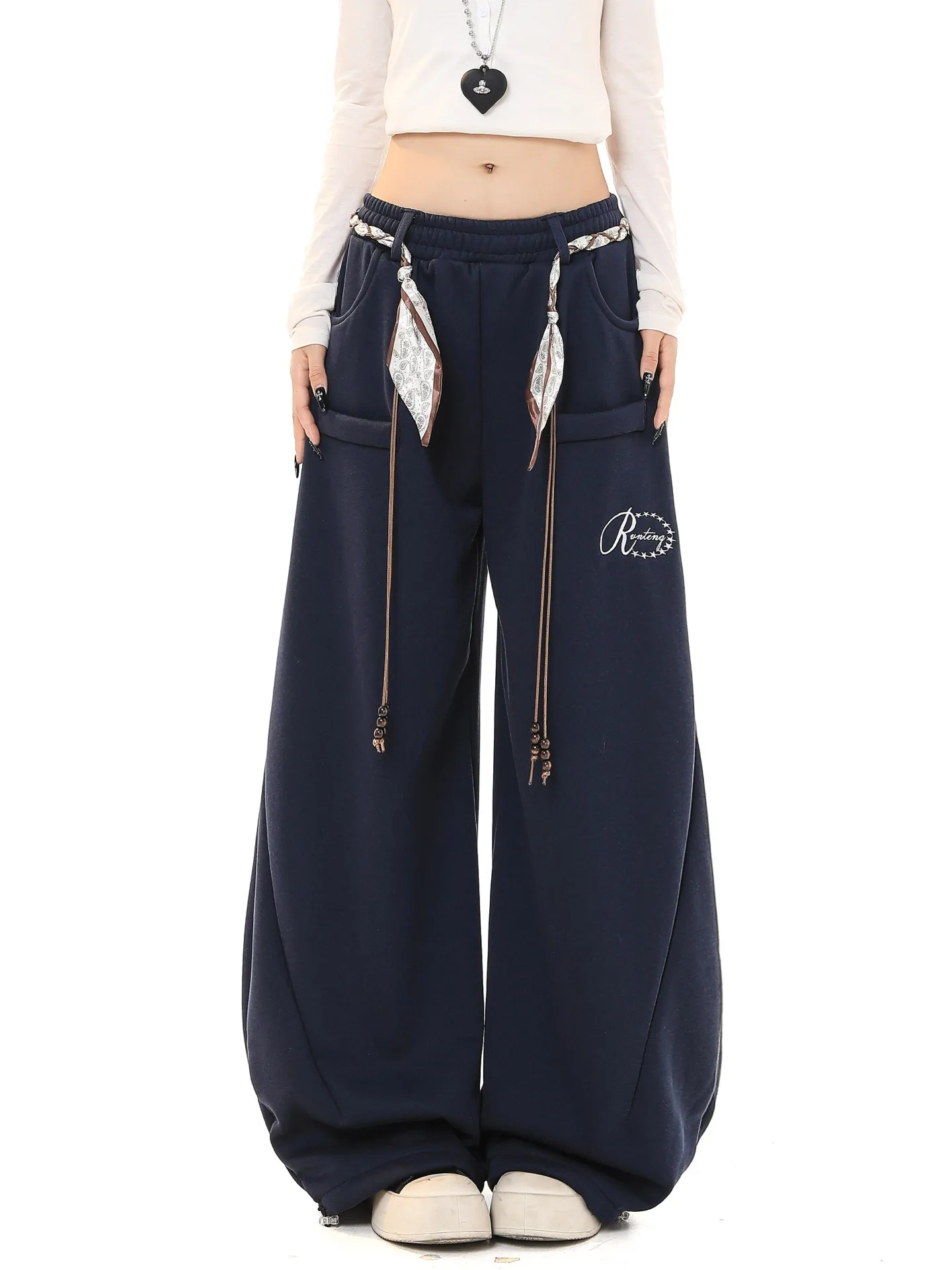 

Американские ретро-штаны-джоггеры с поясом для женщин, осенне-зимние, свободные, стройнящие, универсальные, теплые, повседневные брюки