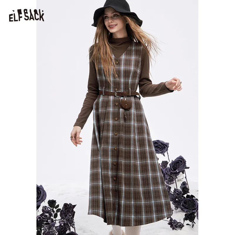 

ELFSACK 2025 Winter New Arrivals Y2K Solid Inner Wear Plaid Button Sleeveless Long Dress Belt Pendant Set For Women