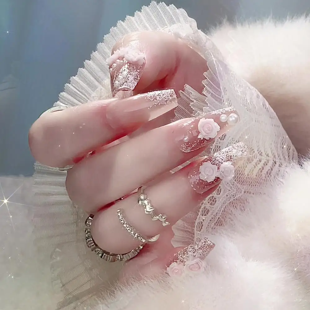 24 Uds. De uñas postizas con purpurina de perlas y flores, transparentes con gelatina, adhesivo de doble cara, usables