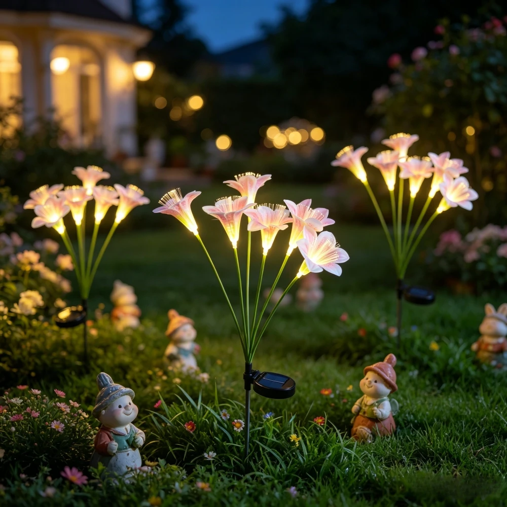 1PC 6-head Solar Fiber Lily Garden Light, Suitable For Garden Decoration Lighting, Outdoor Waterproof Landscape Light