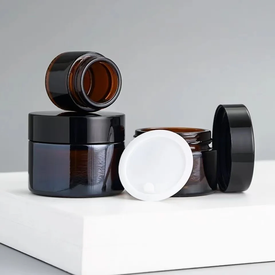 5pcs/lot 5/10/20/30/50/100g Brown Glass Bottle Eye Cream Glass Container Cosmetic Jar Make Up Pot with black Cap Wholesale