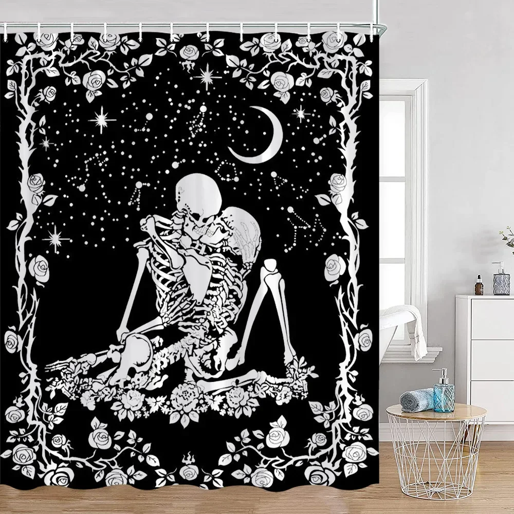 Halloween Skeleton Couple Shower Curtain Vintage Happy Halloween Haunted House Pumpkin Scary Bathroom Polyester Bath Curtain