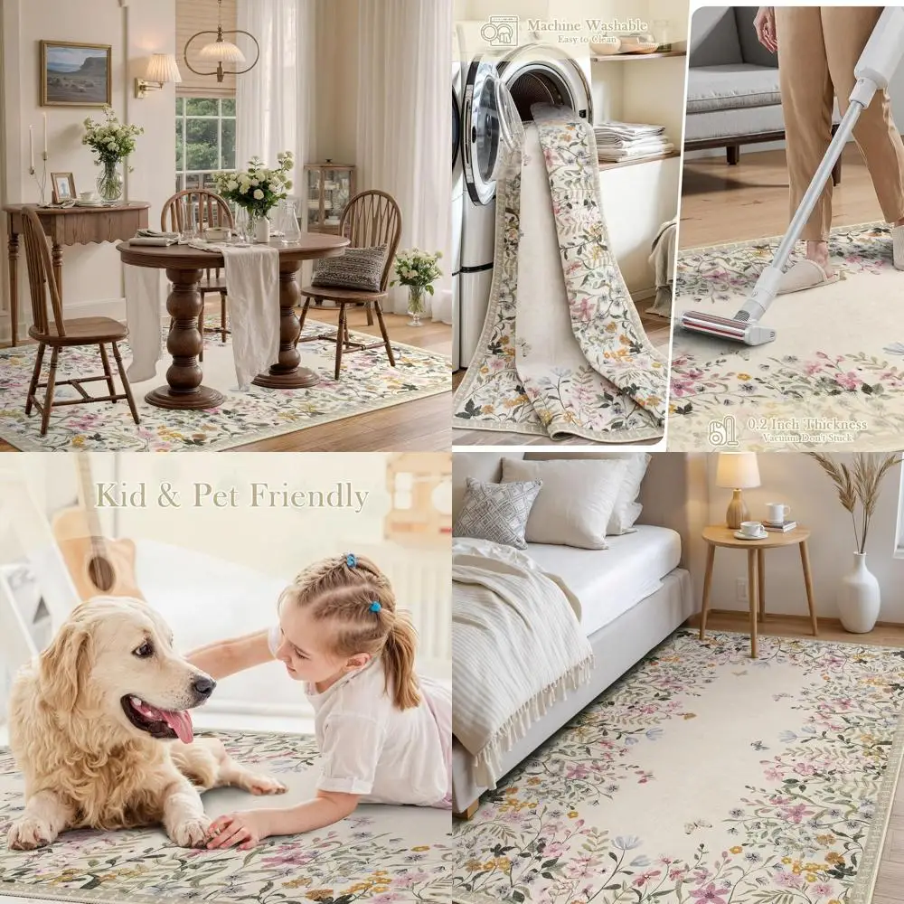 

Цветочный моющийся коврик 5x7 для гостиной, нескользящий коврик для столовой, ботанический ковер для прихожих и общежитий (бежевый)