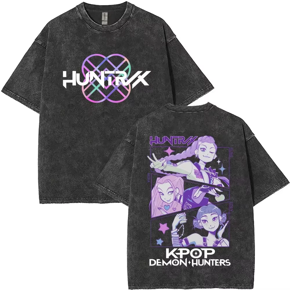 

Huntrix Kpop Demon Hunter Одежда Промытая футболка Мужская женская уличная футболка в стиле хип-хоп Футболка с принтом Топ с коротким рукавом