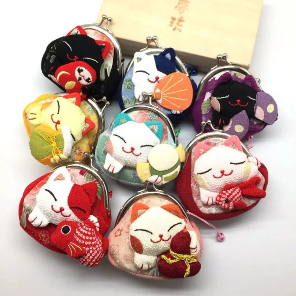 Portable Japanese Style Maneki Neko Coin Purse Flower Printing Wallets Lucky Cat Clutch Bag Storage Bag Doll Card Holder Women