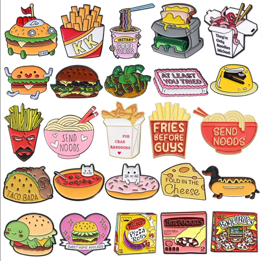 Creative Burger Lapel Pins French Fries Cheese Instant Noodles Chocolate Bun BagelBits Badge Punk Food Brooch Jewelry Gifts