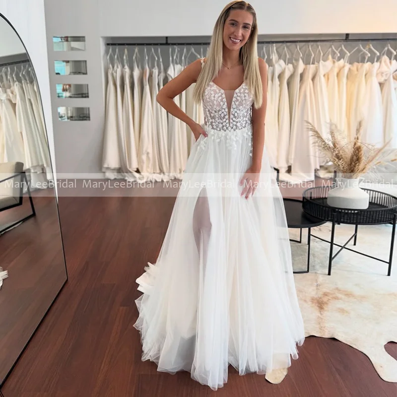

Свадебные платья Bohemia Lace с высоким разрезом, на заказ, с тонкими бретелями, V-образным вырезом, из тюля, с открытой спиной, для женщин.