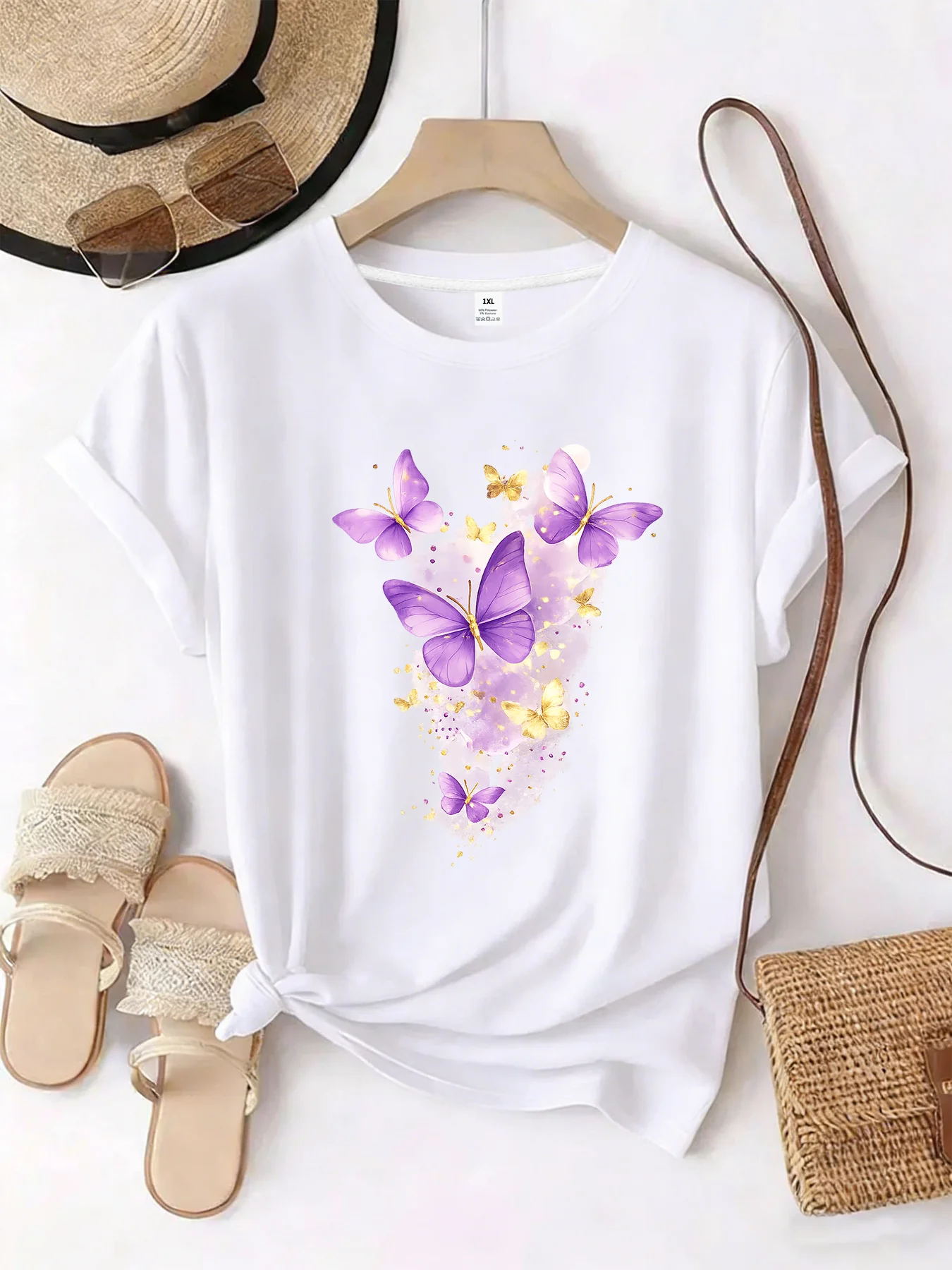 

【WZM101298】Butterfly print plus size women's round neck summer casual short sleeved street fashion versatile plus size T-shirt