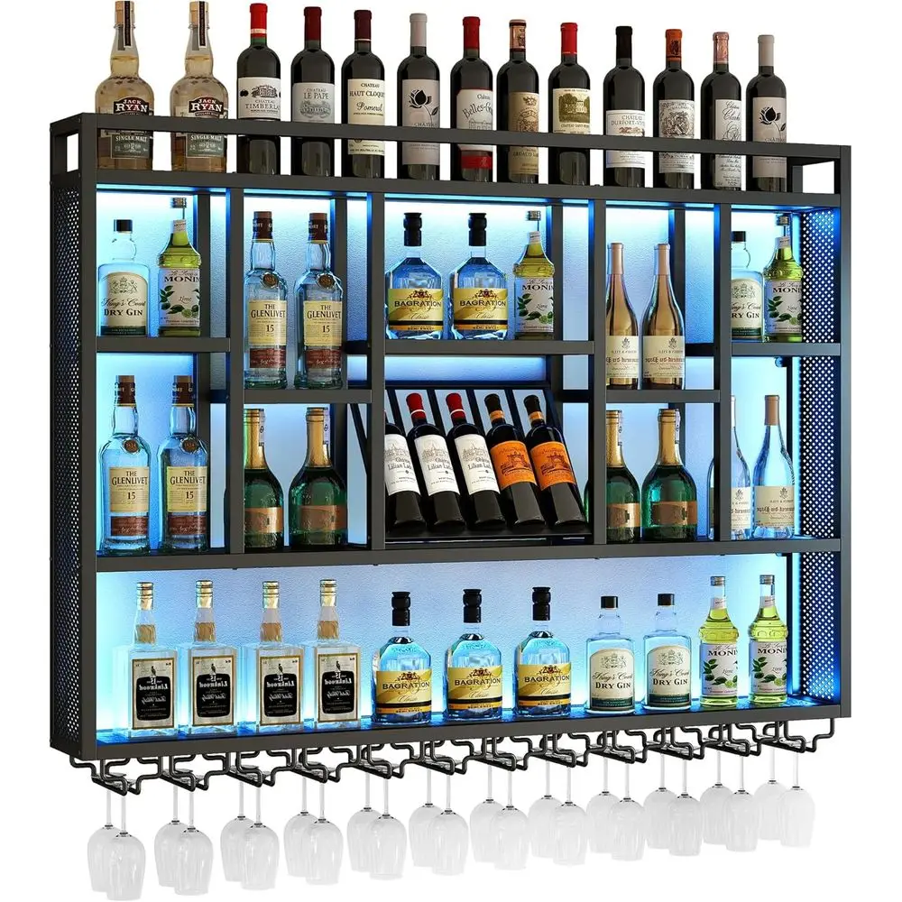 

4-х ярусная 59-дюймовая винная стойка, настенная со светодиодной подсветкой, плавающие барные полки для бутылок с алкоголем, металлический промышленный подвесной дисплей Sh