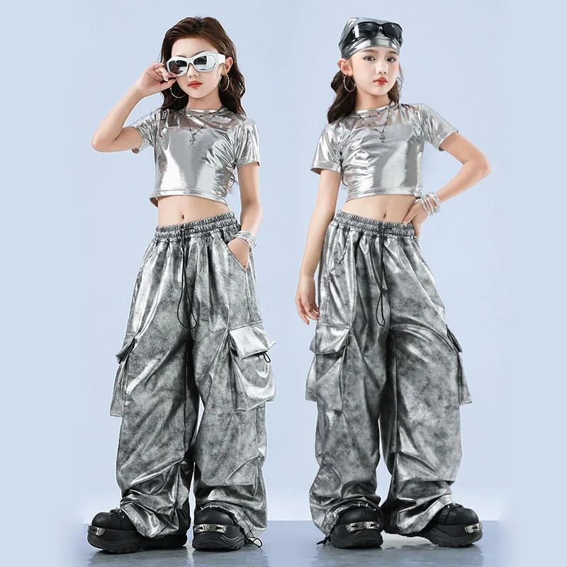 

Kid Kpop Hip Hop Clothing Silver Crop T Shirt Top Tie Dye Faux Leather Parachute Cargo Pants for Girl Jazz Dance Costume Clothes