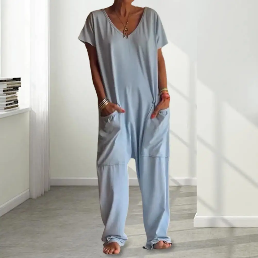 Casual Jumpsuit Versatile Women's V-neck Jumpsuit Stylish Deep Crotch Design Loose Fit with Big Pockets for Casual Daily Wear