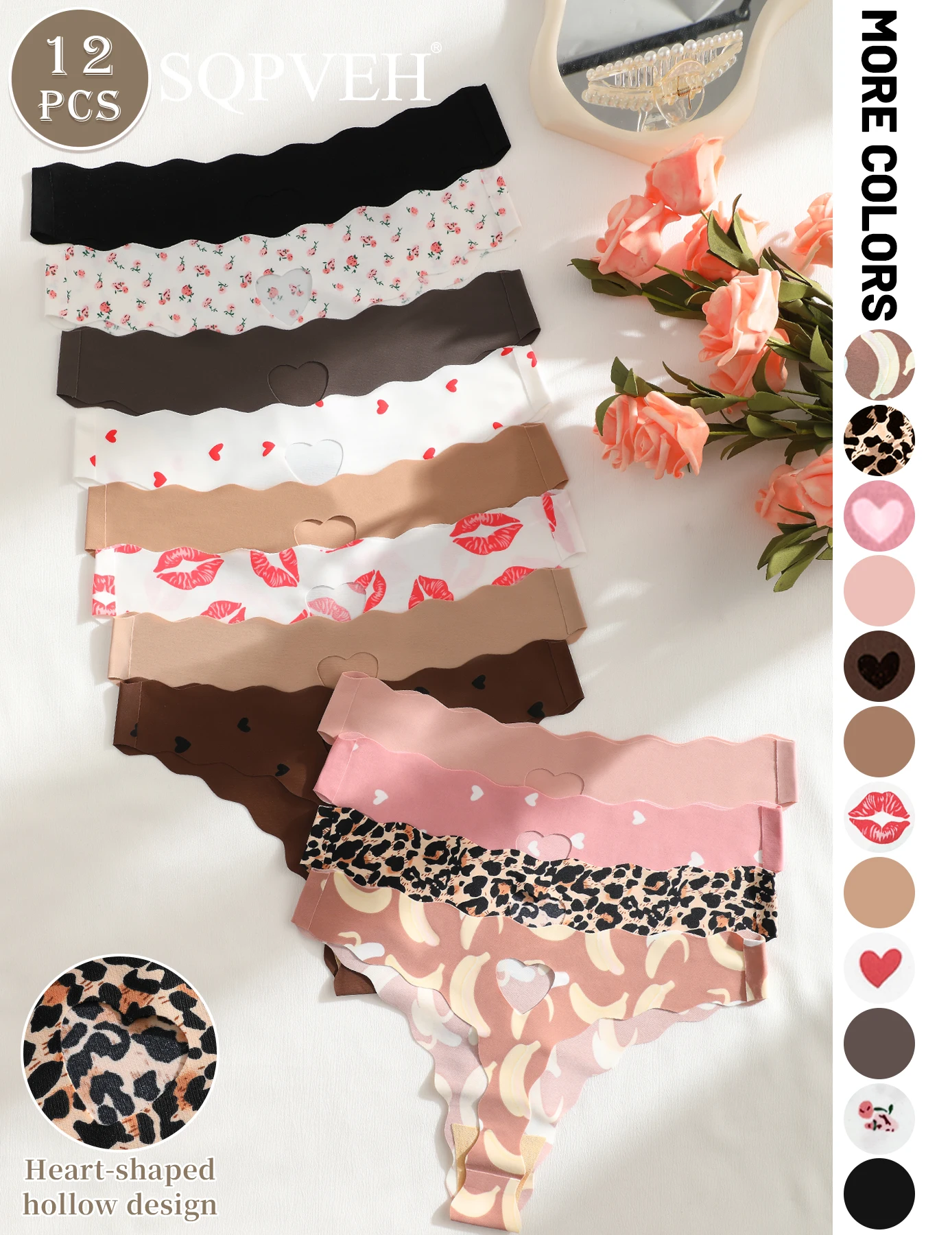 12PCS Hollow Heart Scalloped V-Waist Thongs, Mixed Floral Lips Leopard Banana Print Seamless Soft Breathable Women Underwear