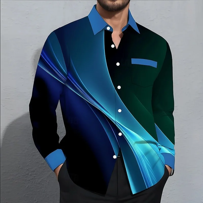 New men's geometric gradient wave shirt button up shirt casual long sleeved fashionable street wear 3D printed shirt