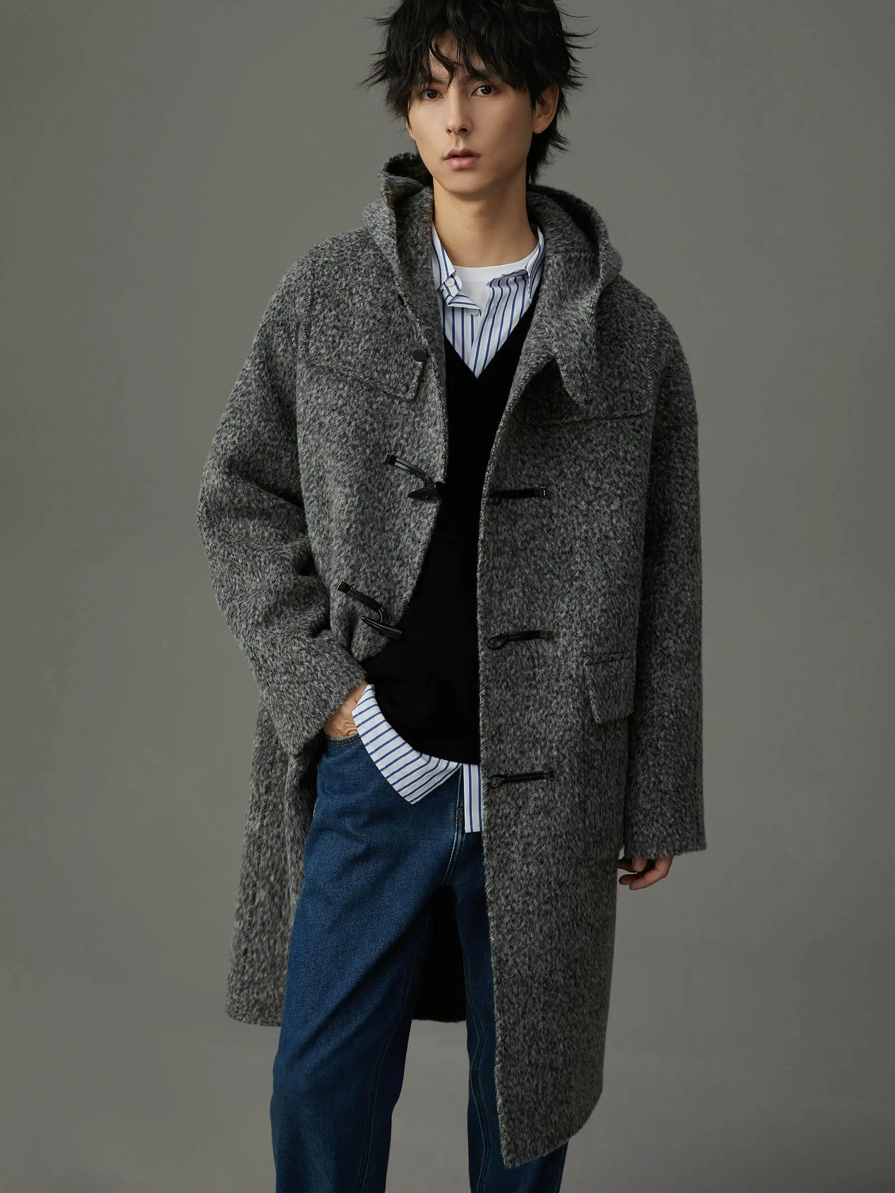 Wool Overcoat Men's Light Gray Double Yarn Horn Button Double-Faced Mid-Length Hooded Loose Trendy Thickened Warm Spring Autumn