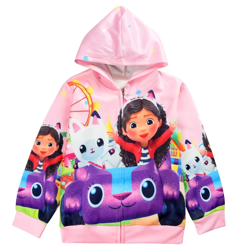 Pull à capuche avec fermeture éclair pour enfants, vêtements d'extérieur décontractés, sweat-shirt pour bébés garçons et filles, vêtements de course Gabby, maison de chats, dessin animé, nouveau