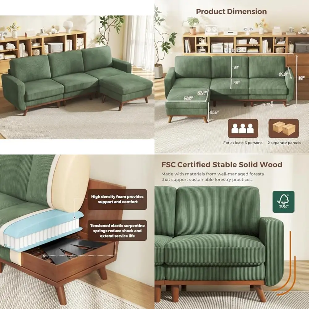 

Зеленый 94-дюймовый L-образный секционный диван с вельветовым комфортом и подвижным пуфиком