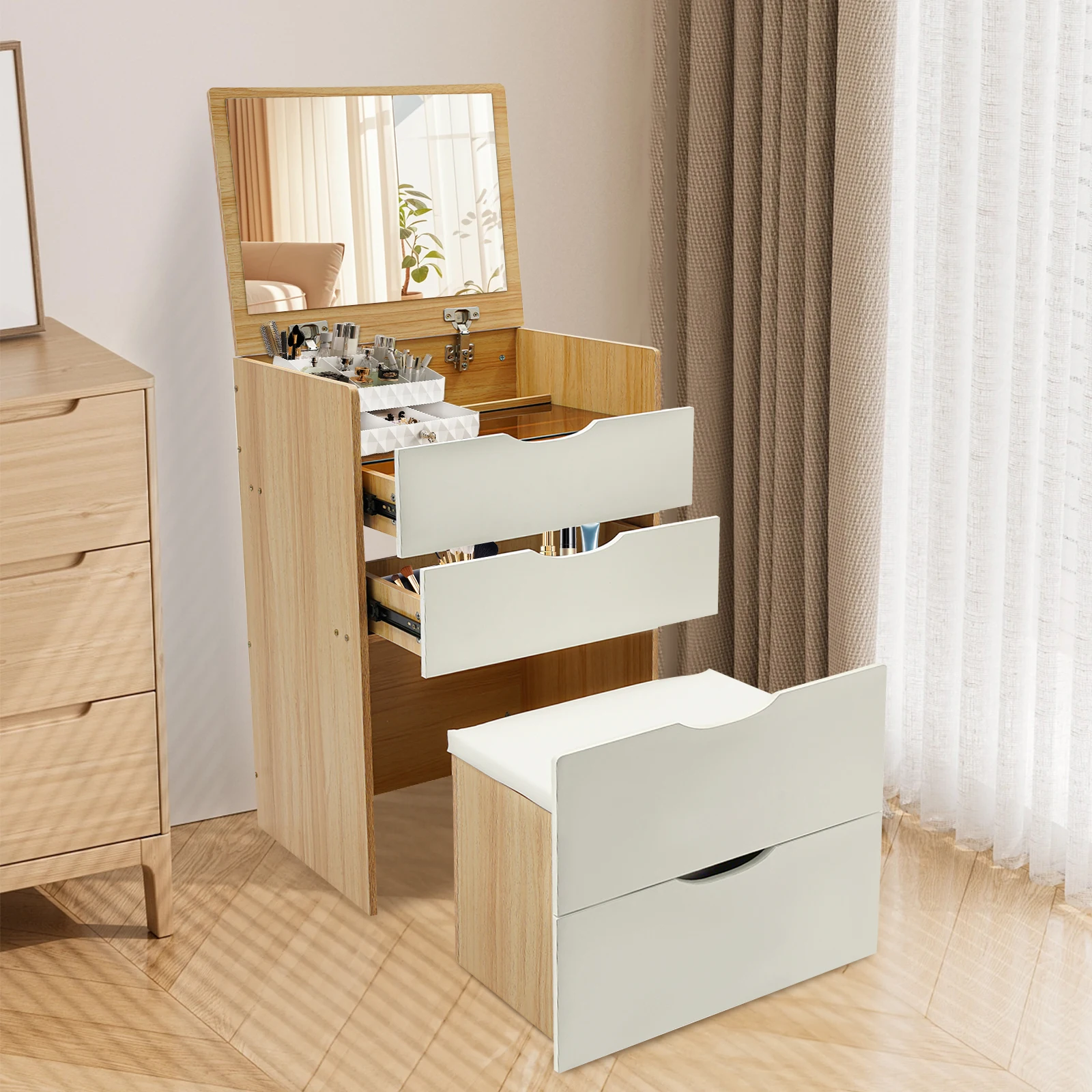 2-in-1 Vanity Bedside Table with Makeup Stool 3 Drawers Hidden Storage Flip Mirror Compact Dressing Table for Bedroom Small Apartment Dorm