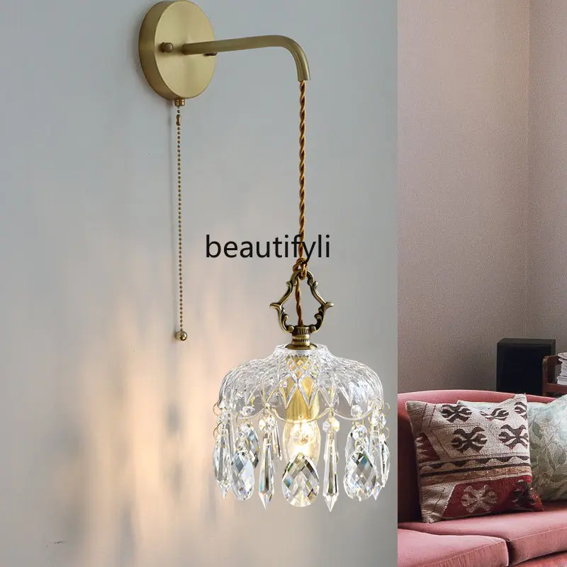 zqCopper Crystal Bedroom Bedside Small Droplight French Retro Style Coffee Shop Entrance Glass Lamps