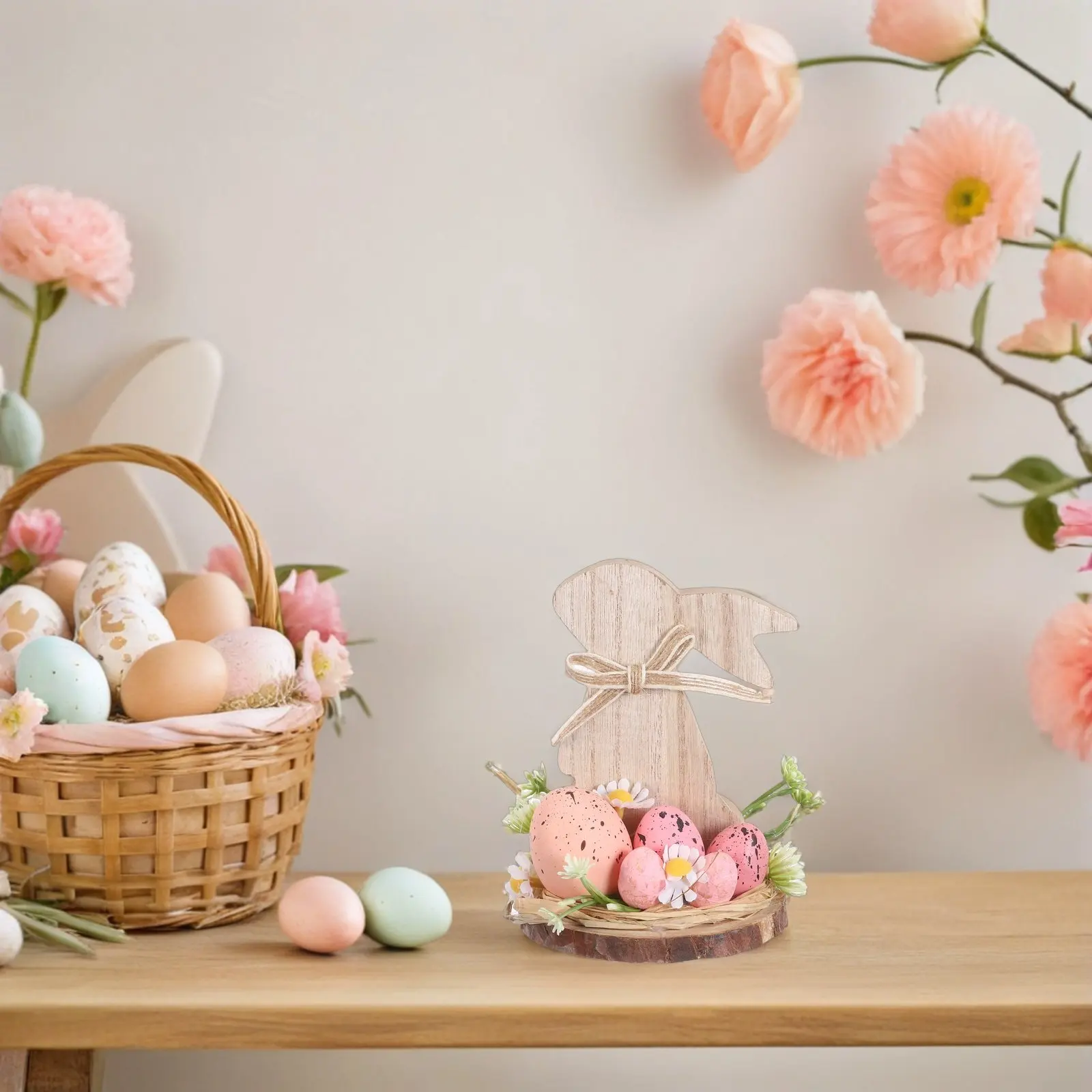 Rustic Farmhouse Easter Bunny Wooden Table Decoration Rabbit Hugging Eggs Flowers Vintage Wood Bunny Ornament Easter Centerpiece