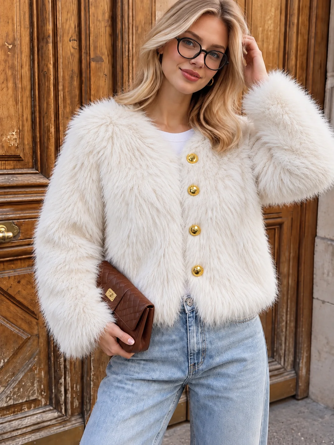 Vintage Chic Gold Button Faux Fox Fur Cropped Jacket Women Fluffy Long Sleeve Open Front Plush Winter Coat Warm Outerwear Tops