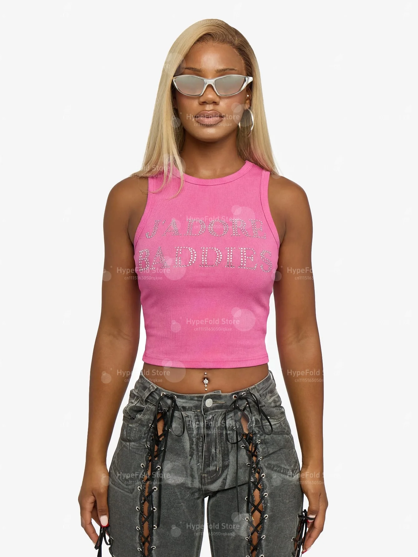 Women Hot Girl America's Design Graphic Crop Tank Top Contrast Sleeveless Slim Y2K Street Vest