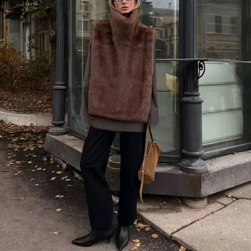 Chaleco envolvente con efecto de piel sintética para mujer, cuello alto, sensación de diseño, informal, holgado, francés, novedad de invierno
