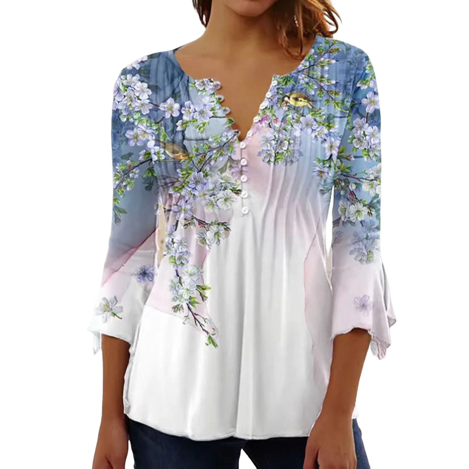 Women's Summer Blouse Casual V Neck Short Sleeve Flower T-Shirt for Holiday Party Costume