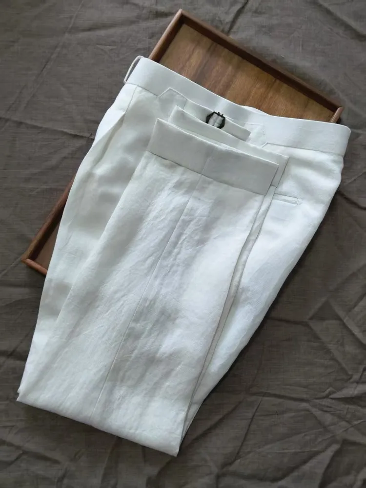 Top Quality Mens Spring Summer Linen Fashion High Waisted Pants Button Casual Straight-Leg Trousers Slim Fit Full Length Pant
