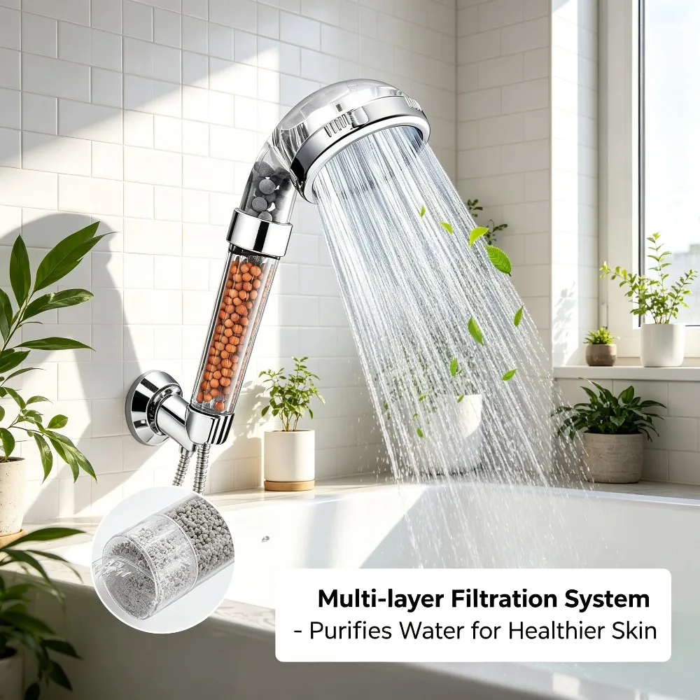 Multi-Function High Pressure Transparent Handheld Filter Shower Head with Natural Mineral Balls Hard Water Purifier