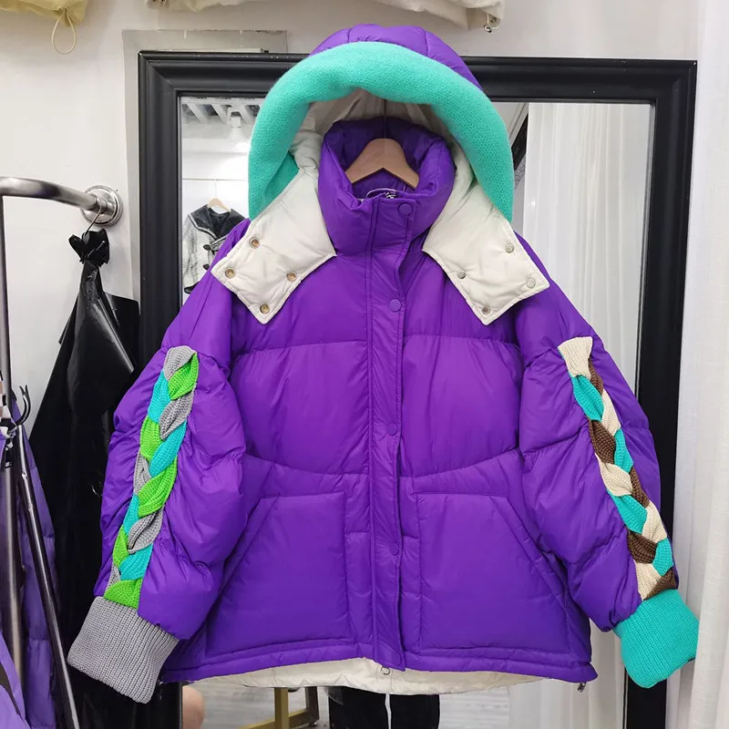 2022 New Winter Women Fashion Patchwork White Duck Down Jacket Female Hooded Warm Thicken Feather Outwear s471