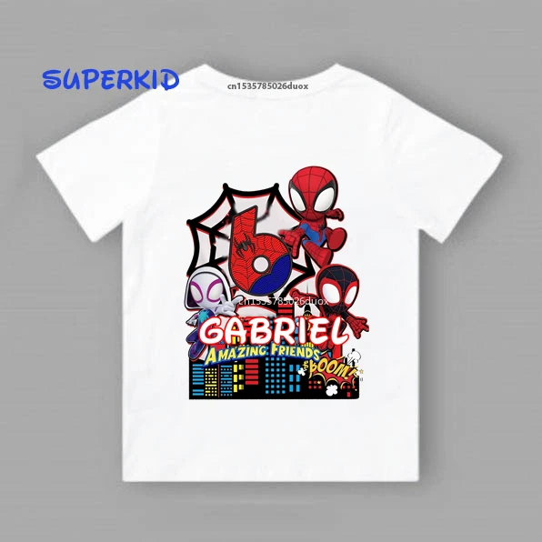 New Summer 2024 2 3 4 5 6 7 8 9 Amazing Friends Birthday Short Sleeve Kid Shirt Spiderman Personalize Name Birthday Boy T-shirt