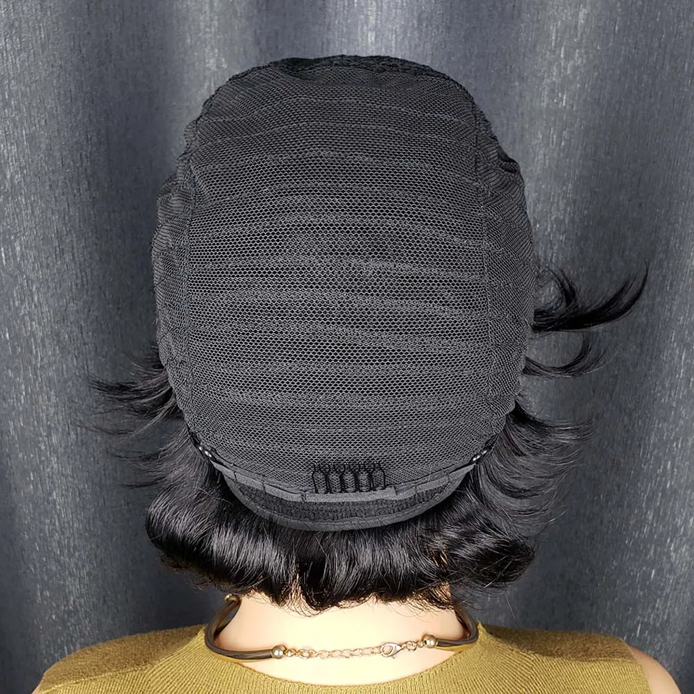 شعر مستعار بقص عابث للنساء بطبقات من شعر بشري مفرود بقص عابث مصنوع آليًا مع غرة بلون طبيعي داكن