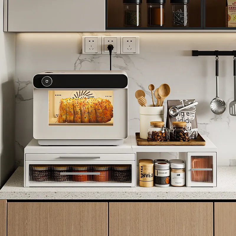 

Pull-Out Desktop Appliance Organizer - Metal Frame & Clear Acrylic Coffee Bar Storage Shelf with Dustproof Design for Countertop