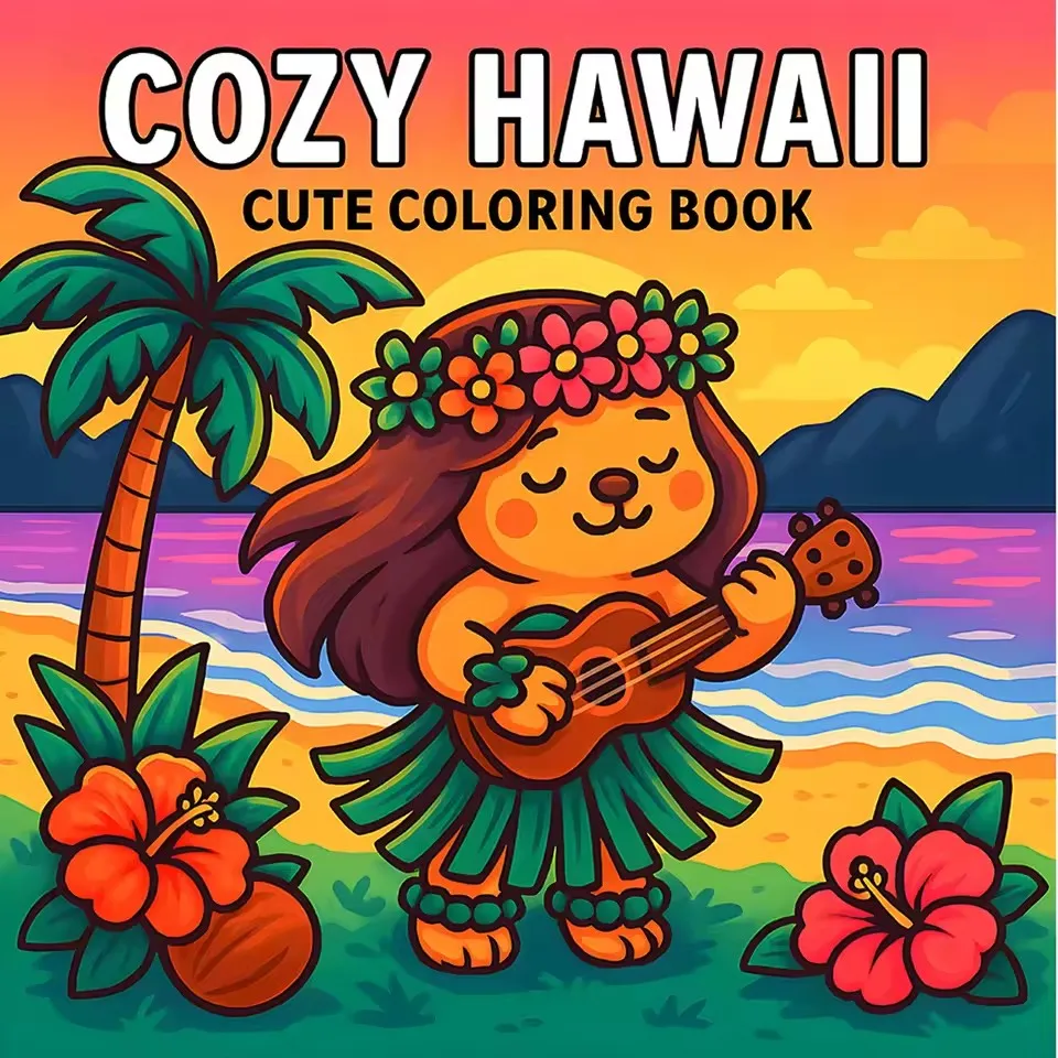 Cozy Hawaii: Cute Coloring Book for Adults and Teens with Charming Characters and Easy-to-Color Tropical Scenes for Relaxation