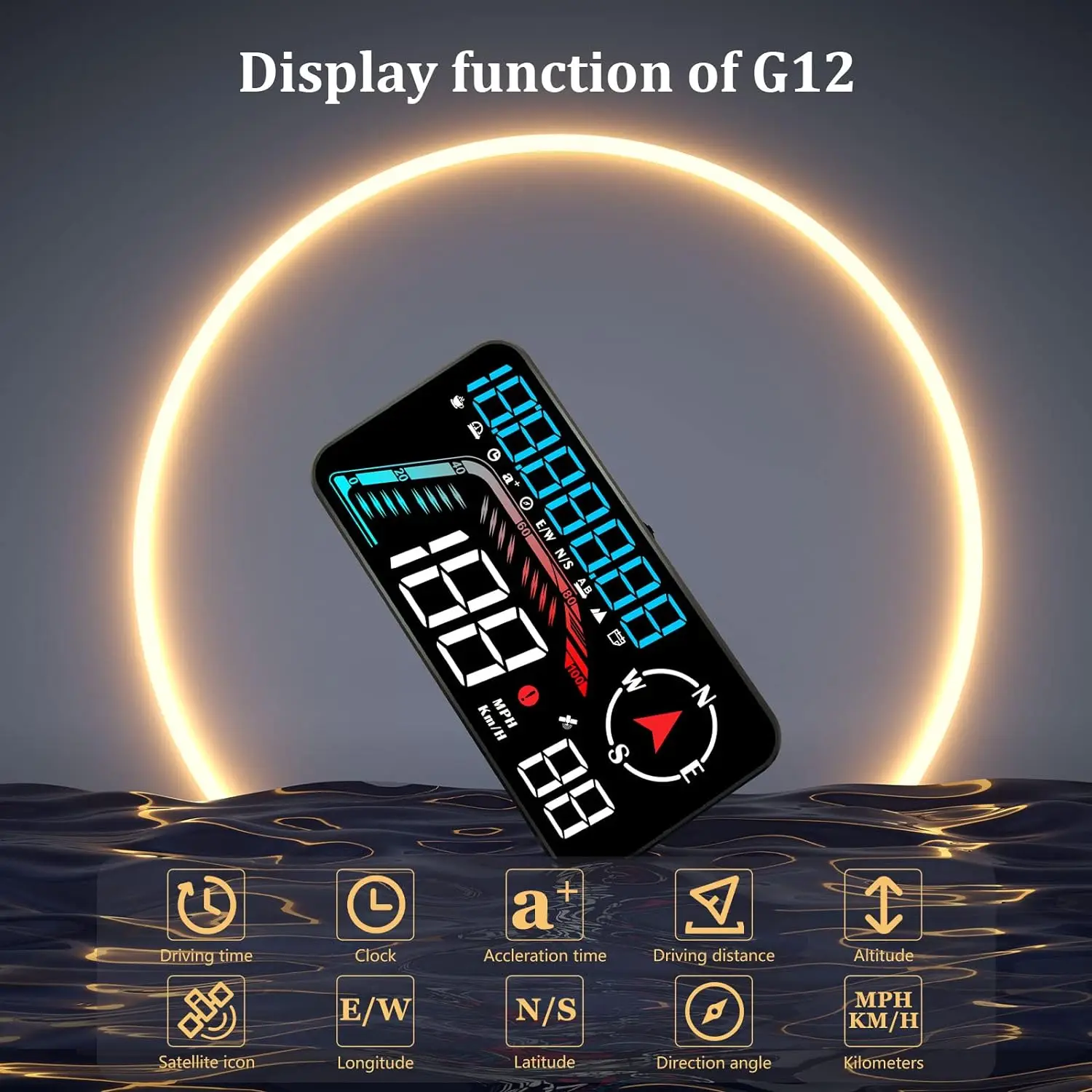 2023 G12 GPS HUD Digital Speedometer Plug and Play for All Cars Big Font KMH MPH Mileage Local Time Altitude Head-up Display